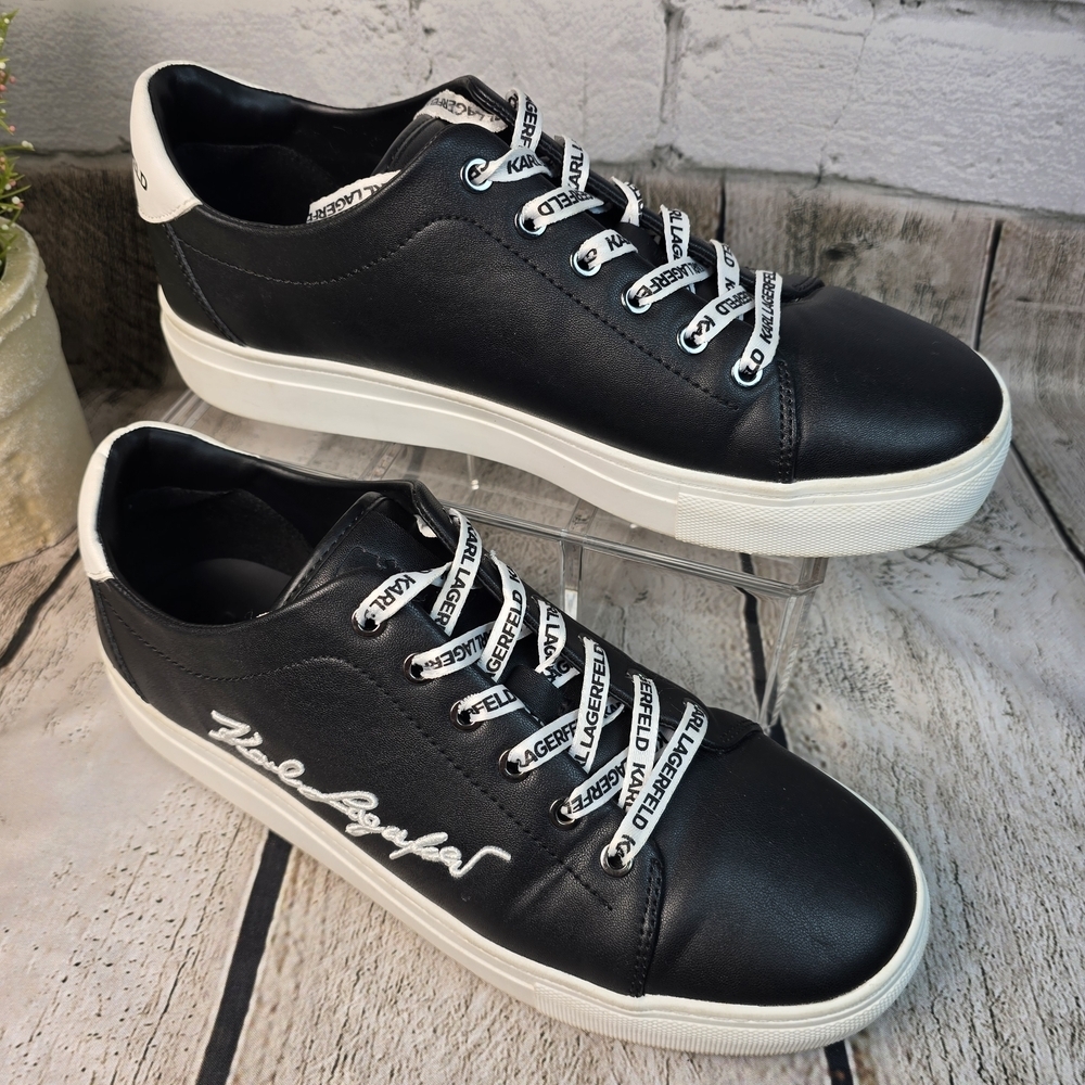 Karl Lagerfeld CYLIE LOW TOP SNEAKER FAUX BLACK LEATHER BOLD LOGO WOMENS 9.5 - Picture 3 of 12